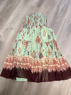 Taylor Mint Green Ikat Print Smocked Neck Tiered Dress Size 16